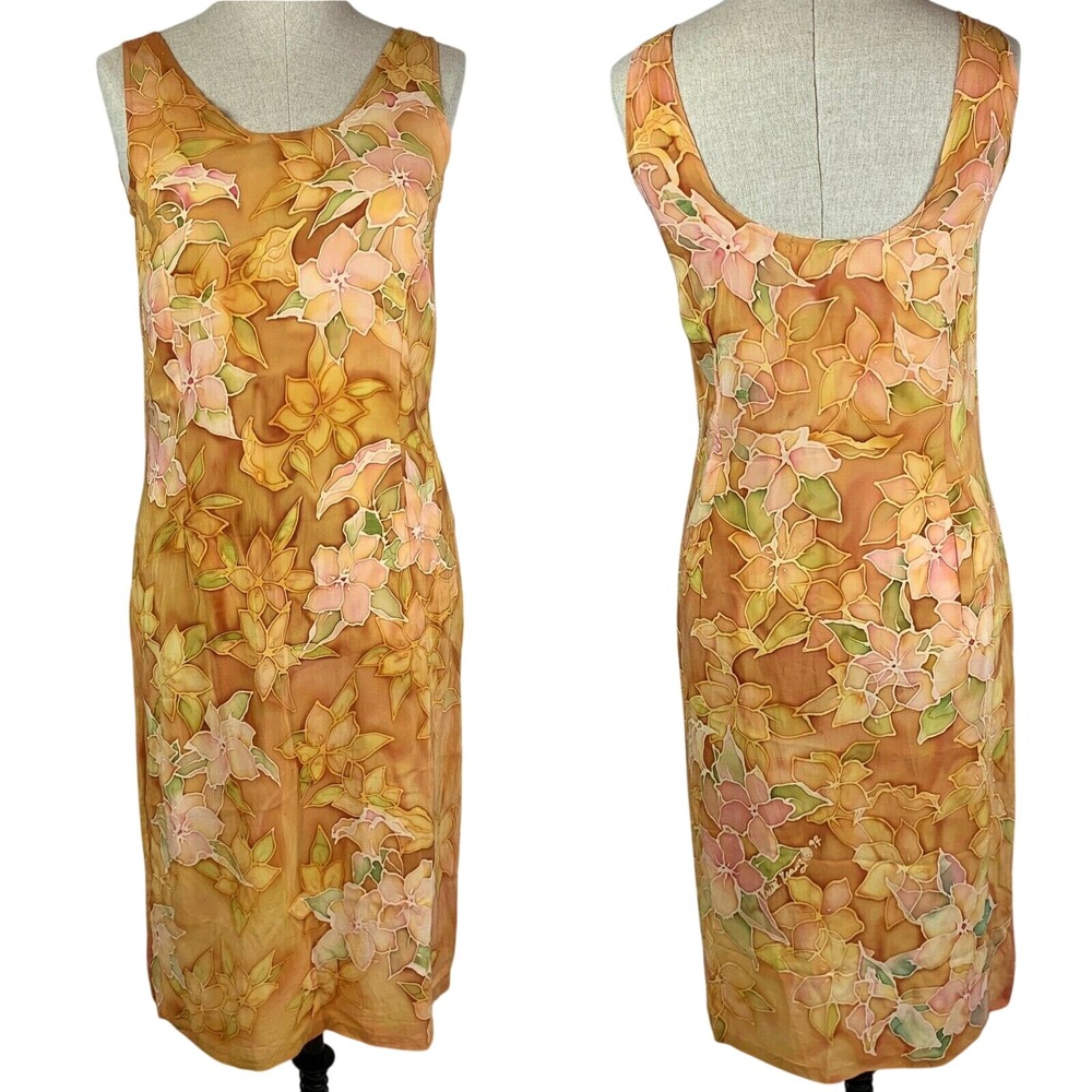 100% Silk Kristi Kranz Hand Painted‎ Slip Dress Gold Floral S Batik Hawaiian
